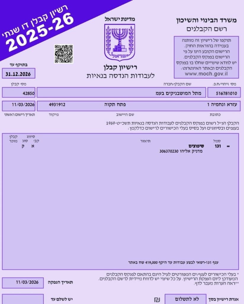 רישיון קבלן של מטל המושבניקים בע״מ